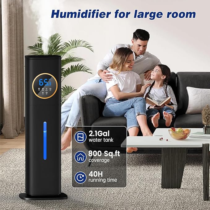 Humidifiers for Bedroom, 2.1Gal/8L Humidifier large room with Essential Oil Diffuser, Top Fill Whole House Cool Mist Humidifiers for Plants Baby Kids Adults(Black)