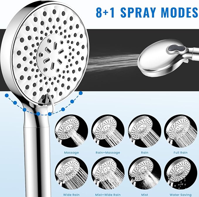 Filtered Shower Head with Handheld, High Pressure 9-Spray Modes Detachable Shower Head with Filter for Hard Water-Remove Chlorine & Impurities, Improve Skin & Hair Health, Chrome
