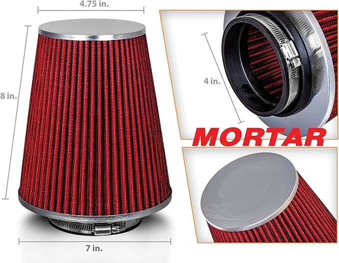 Mortar Aftermarket Auto Air Filter - Car Enthusiast Class Universal Cold Air Intake Gulps in More Air for More Engine Power & Passionate Induction Sound, 8-In-Long, Flange ID 4 In, Red