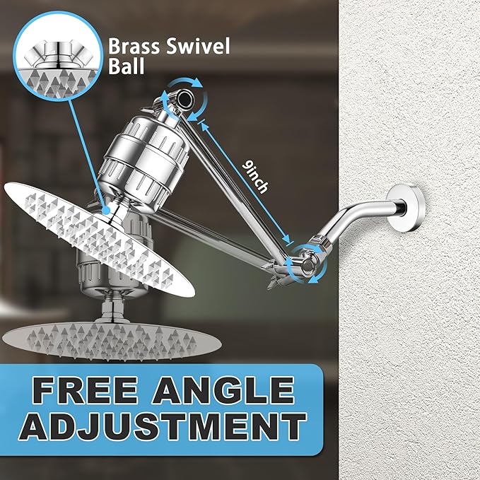 8" High-Pressure Rain Shower Head with 20 Stage Filter & 9-Inch Adjustable Height Shower Arm Extension, Round Shower Heads for Hard Water, Chrome