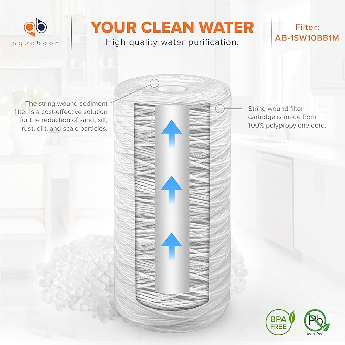 Aquaboon 1 Micron String Wound Water Filter 10x4.5 Replacement - Whole House Water Filter Cartridge Compatible with WP5BB97P,WP10BB97P, AP810, 4-Pack