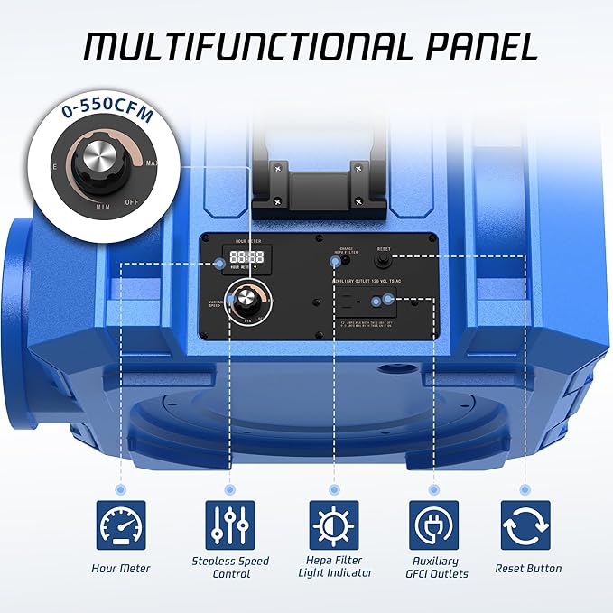 Hepa Air Scrubber Commercial Air Purifier with 3-Stage Filtration Negative Air Machine Industrial Air Purifier for Heavy Duty, 550CFM