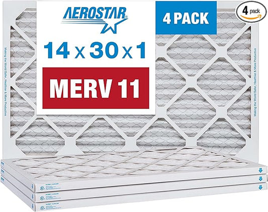Aerostar 14x30x1 MERV 11 Pleated Air Filter, AC Furnace Air Filter, 4 Pack (Actual Size: 13 7/8" x 29 7/8" x 3/4")