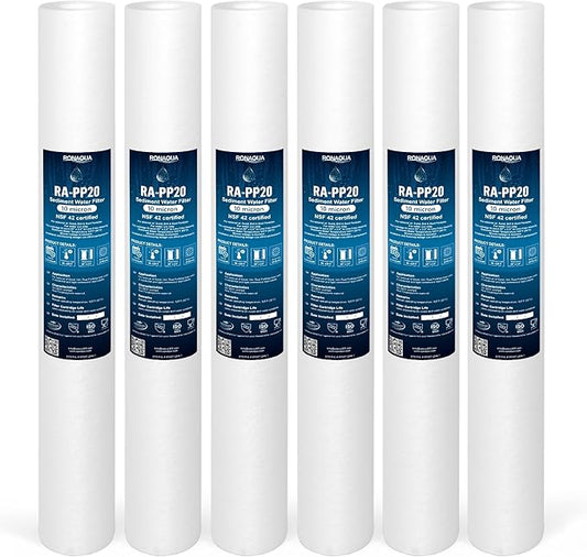 Ronaqua 10 Micron Standard 20" x 2.5" Sediment Water Filter Cartridge, NSF Certified, 4-Layer Filtration for 20” x 2.5” Whole House Systems, Compatible with FPMB5-20, SDC-25-2005/4, VX05-20, 6 Pack