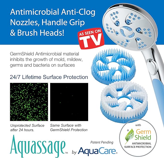 Hotel Spa AquaCare High Pressure 6-in-1 Aquassage - 76-mode 3-way Combo, Showerhead, Hand Shower, Body Brush, Hair Brush & Arm in One Two Brackets, Extra-long 6 foot Stainless Steel Hose