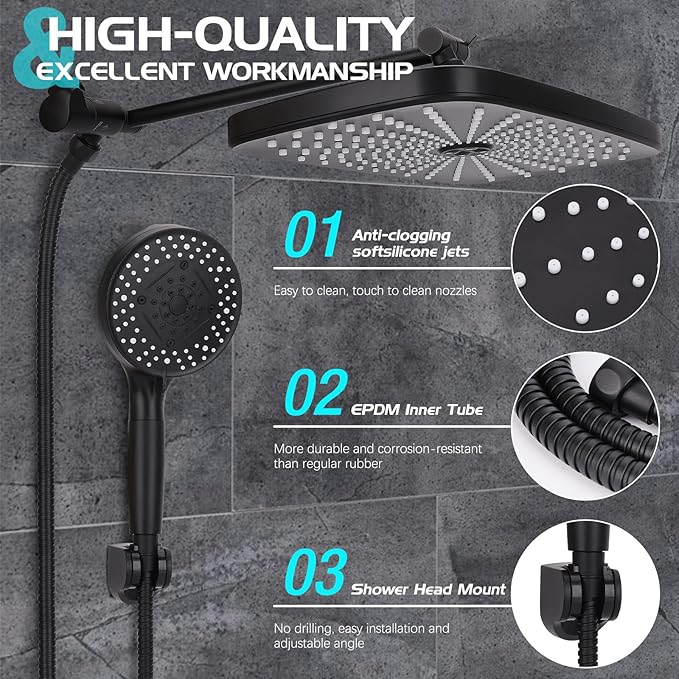 Shower Head 12'' High Pressure Rain Shower Head Combo, Filtered Handheld with 10 Water Spray, 3-Way Diverter Extension Arm Rainfall Showerhead, Adjustable Shower head with Anti-Clog Nozzles