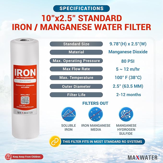 Max Water Whole House Iron Manganese Replacement Set, Heavy Duty - Standard Whole House Systems 10" x 2.5" Good for Iron, Manganese Reduction (Pack of 3)