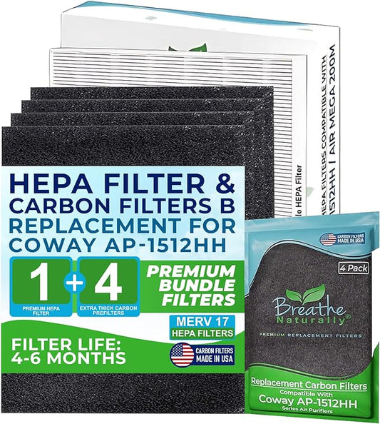 Breathe Naturally Replacement Filter Compatible with Coway AP-1512HH Series Air Purifiers - HEPA Filters - Carbon Activated Filter - Air Filtration for Home (1 HEPA Filter + 4 Carbon Prefilters)