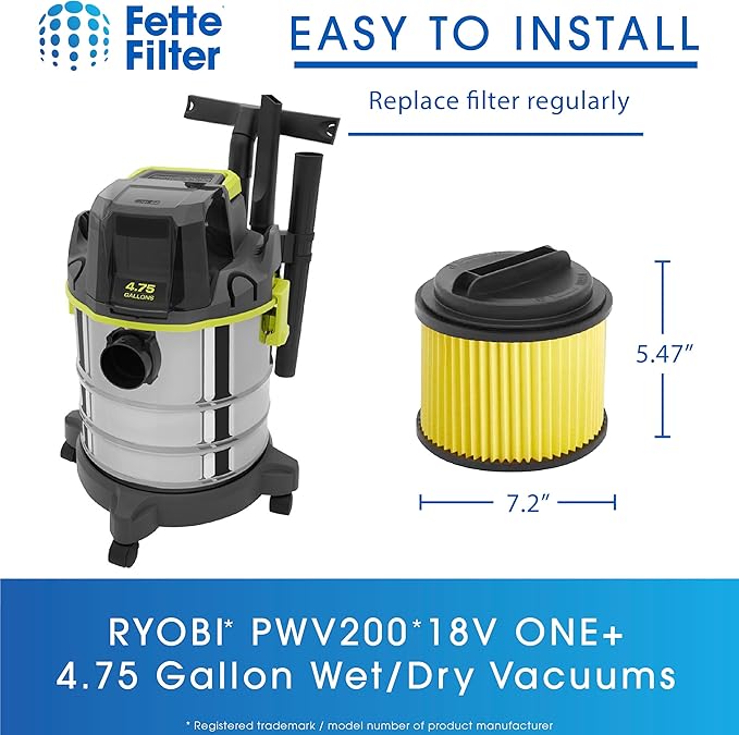 Fette Filter - Replacement Filter Compatible with Compatible with RYOBI PWV200 PWV201 PWV200B 18V ONE+ 4.75 Gal. Wet/Dry Vac, Compare to Part # A32RF03N. Pack of 2