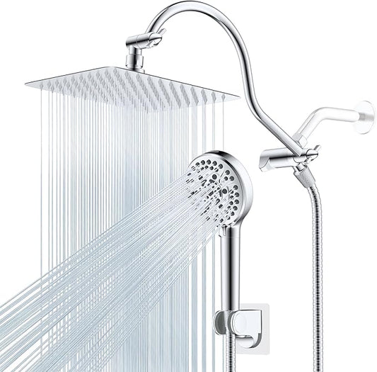 Hibbent All Metal Shower Head, 10'' High Pressure Rainfall Shower Head/Handheld Showerhead Combo with 12'' Adjustable Curve Shower Extension Arm, 10 Sprays, 71'' Shower Hose, Showerhead Holder, Chrome