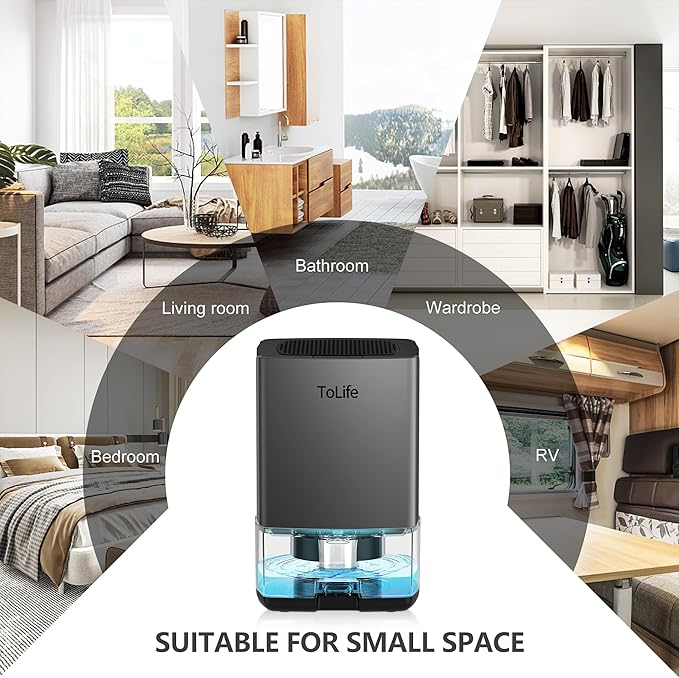 ToLife Dehumidifiers for Home 30 OZ Water Tank with Auto-Off 500 sq.ft Portable Small Dehumidifier for Bathroom Bedroom RV Closet Room 7 Colors LED Light, Gray