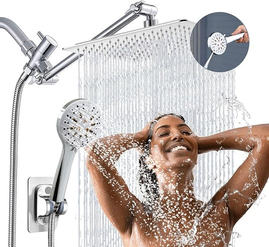Shower Head, 10" High Pressure Rain shower head with Handheld Spray Combo, 6 Settings Handheld with 78" Anti-leak Hose, 11" Adjustable Extension Arm, Ultra Thin Water Saving, Chrome, AWAXFOLO