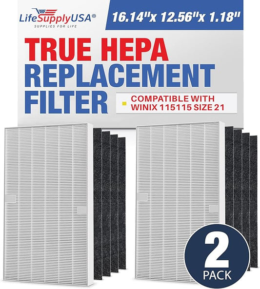 115115 2 HEPA Filter A Replacement + 8 Carbon Pre-Filters for C535, 5300, 5300-2, 5500, 5500-2, 6300, 6300-2, P300, AM90, C909, 9800 For Winix Air Purifier Filter Replacement Size 21 by LifeSupplyUSA