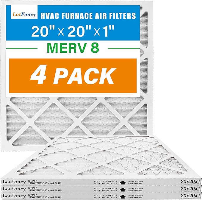 LotFancy 20x20x1 Air Filter, 4 Pack MERV 8 Pleated Furnace Air Filters Replacement for HVAC (Actual Size: 19.75"x19.75"x0.75")