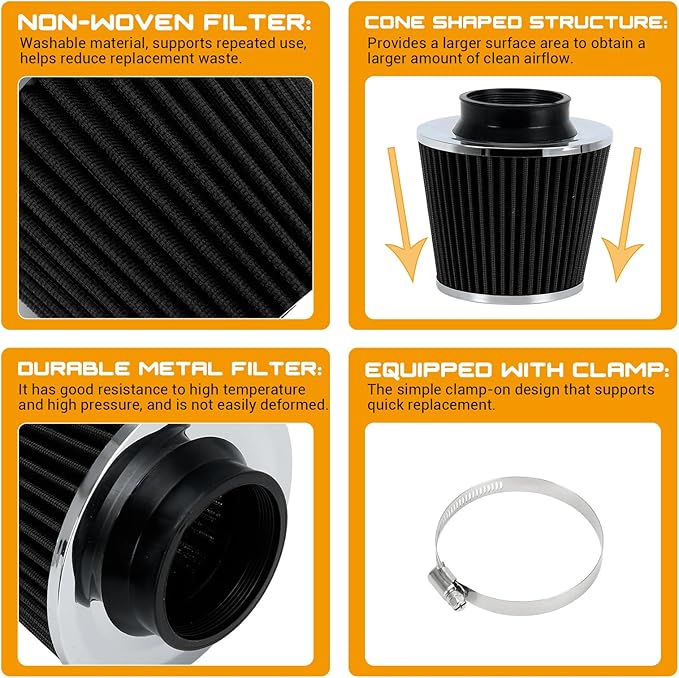 PTNHZ Universal Black 3" 76mm High Flow Cold Air Intake Cone Air Filter Power Intake Air Inlet System Air Cleaner