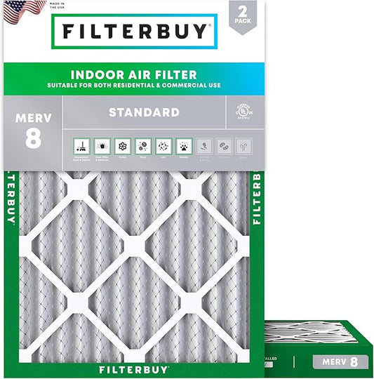 Filterbuy 13x20x2 Air Filter MERV 8 (MPR 700) Dust Defense Replacement (2-Pack), Electrostatic Pleated HVAC AC Furnace Filters, Made in USA (Actual Size: 13.00 x 20.00 x 1.75)