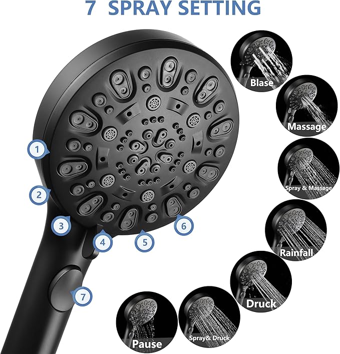 Shower Head with Handheld 7 Spray Combo,Hand Held Showerhead with On/Off Switch,High Pressure Detachable Shower Heads with 60" Long Hose (Matte Black)