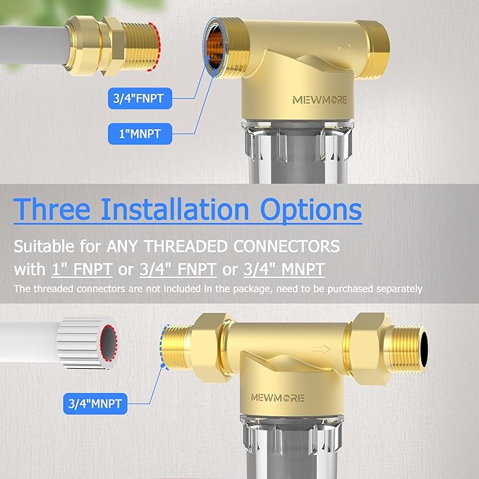 WHC40 Sediment Filter, 40 & 100 & 200 Micron Reusable Spin Down Sediment Water Filter, Whole House Water Filter for Well Water, Home Pre-filtration System, 1" MNPT + 3/4" FNPT + 3/4"MNPT