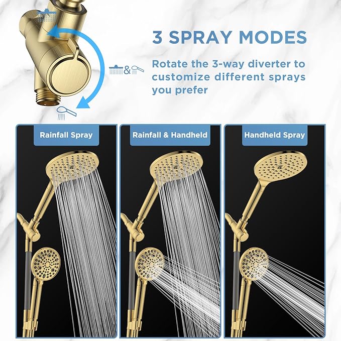 Dual Filtered Rain Shower Head Combo, High Pressure Handheld Shower Head with Adjustable Bar - Rainfall Shower Head And Showerhead with Filter for Hard Water - Removes Chlorine(Gold)