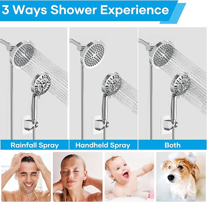 Shower Head with Handheld Spray Combo,High Pressure Dual Double Rain Shower Head with Handheld 10-Mode 78" Hose Chrome