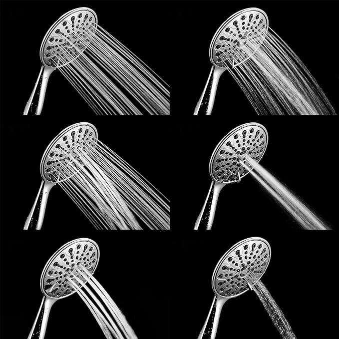 Handheld Shower Head, 6" Chrome Face 6 Spray Setting Shower Head with High Pressure, Brass Swivel Ball Mount and Extra Long Flexible Stainless Steel Hose