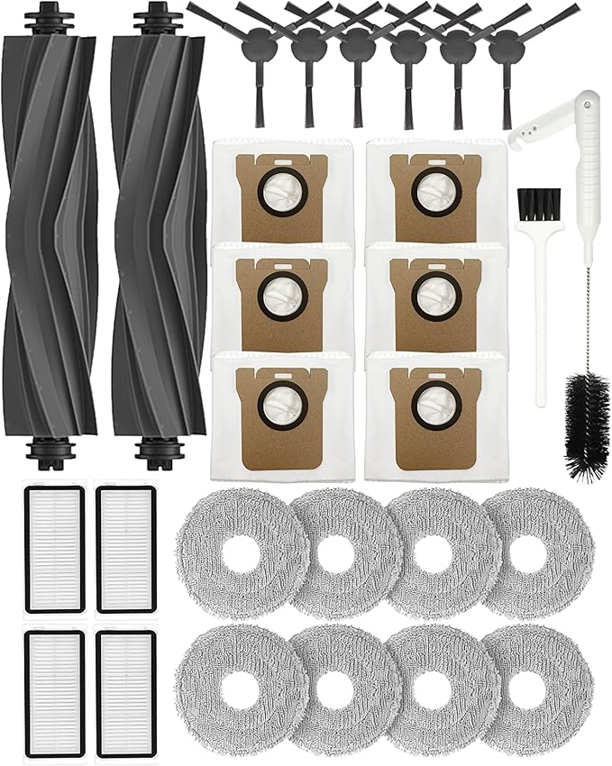 Yivy 28PCS Replacement Parts for Dreame L20 Ultra/L20 Ultra Complete, L30 Ultra/L30 Ultra Complete, Vacuum Cleaner Accessory Kit: 2 Main Brushes, 6 Side Brushes, 4 HEPA Filters, 6 Dust Bags, 8 Wipes
