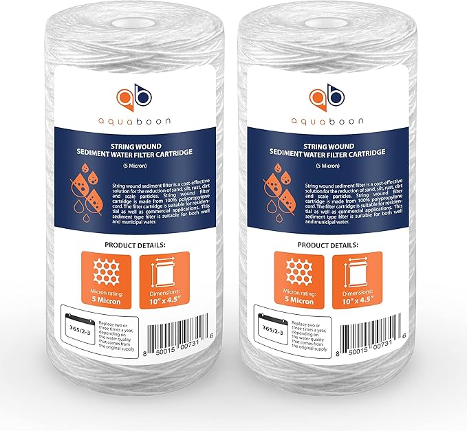 Aquaboon 5 Micron Water Filter 10 x 4.5 inch - String Wound Water Filter for Whole House System - Compatible with 84637, WPX5BB97P, PC10, 355214-45, 355215-45, WP10BB97P, WP5BB97P (2 Pack)