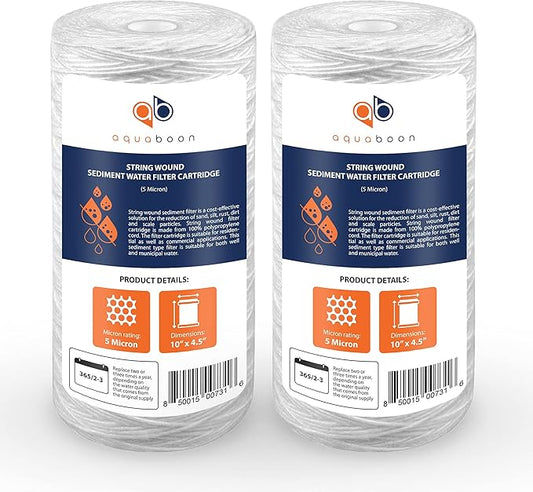 Aquaboon 5 Micron Water Filter 10 x 4.5 inch - String Wound Water Filter for Whole House System - Compatible with 84637, WPX5BB97P, PC10, 355214-45, 355215-45, WP10BB97P, WP5BB97P (2 Pack)