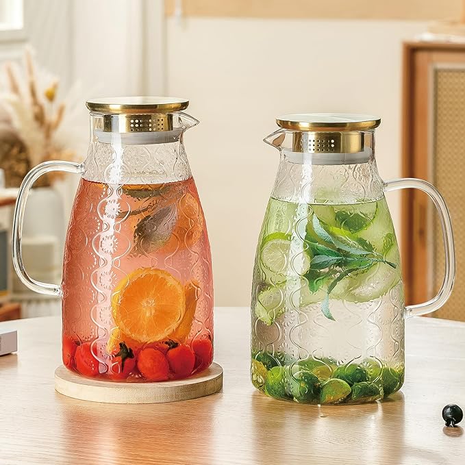 Glass Pitcher with Lid and Handle, 2 PACK 68 oz/2 Liter Vintage Flower Design Fridge Water Pitcher, Borosilicate Glass Water Carafe for Hot/Cold Water,Coffee,Iced Sun Tea,Heat Resistant