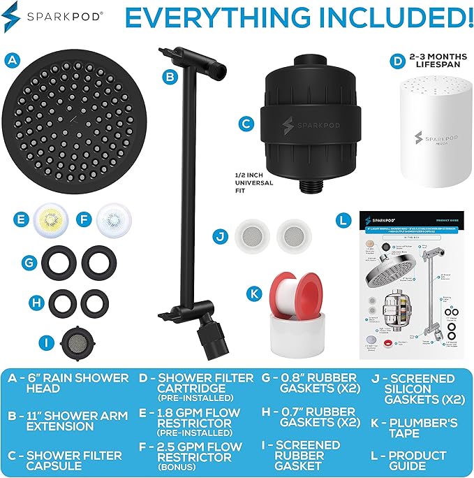 SparkPod 6" High Pressure Rain Shower Head with 23 Stage Filter Capsule & 11 Inch Adjustable Shower Arm Extension - Shower Filter Reduces Chlorine for Smoother Hair & Skin (Round, Black Matte)