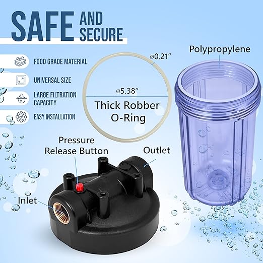 High Capacity 10 x 4.5-Inches Transparent Whole House Water Filter Purifier System with Presser Relief Button, 1” Inlet/Outlet Brass Port & Yearly Supply (4) Pleated Washable Sediment Cartridges 5 Mic