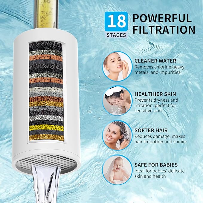 Filtered Shower Head with Extension Arm - EMBATHER 8 Inch High Output Showrhead with 3 Spray Settings, 18 Stage Filter for Hard Water, 11" Adjustable Arm, Brass Swivel Ball Jiont, Chrom
