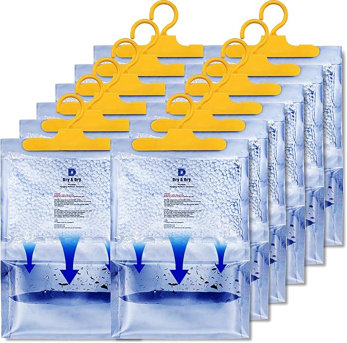 Dry & Dry Premium Moisture Absorbers Dehumidifiers for Home, Basement, Bedroom, Small Dehumidifiers - Blue & White (Pack of 12) 14 ounce