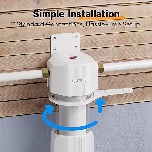 PUREPLUS Whole House Water Filtration System, 10″ × 4.5″ Housing, 1″ NPT Inlet/Outlet, Durable Housing with Bypass & Backwash, Pressure Relief, Mounting Bracket