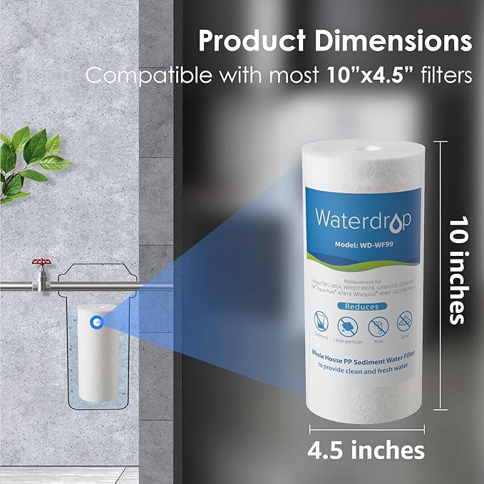 Waterdrop Whole House Sediment Water Filter, 10" x 4.5", Replacement for Pentair Pentek DGD-5005, GE® GXWH40L, GXWH35F, Culligan® RFC-BBSA, 3M® Aqua-Pure® AP810, 5 Micron, Pack of 2