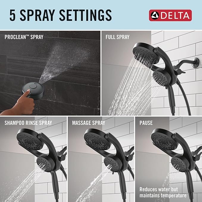 Delta 5-Setting HydroRain 2-in-1 Dual Shower Head with ProClean Spray, Matte Black High Pressure Shower Head with Handheld Spray, 1.75 GPM Flow Rate, Matte Black 75419BL
