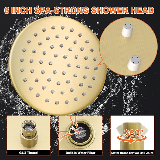 6 Inch Round Rainfall Shower Head with Stainless Steel Arm High Pressure Water Saving Anti-Clog Nozzles Easy Install for Bathroom/Bathtub