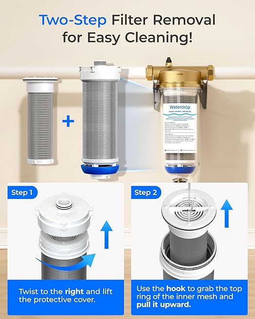 Waterdrop Mega Spin Down Sediment Filter, Upgraded Reusable Backwash Whole House Water Filter System for City/Well Water, 50 Micron+100 Micron, 1" MNPT + 3/4“FNPT, BPA Free