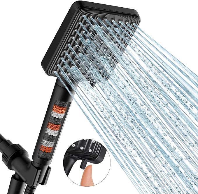 Filtered Shower Head Black - 6 Modes High Pressure Handheld Shower Head with Filter Mineral Beads, Detachable Handheld Showerhead Set with Stainless Steel Hose and Shower Arm Bracket