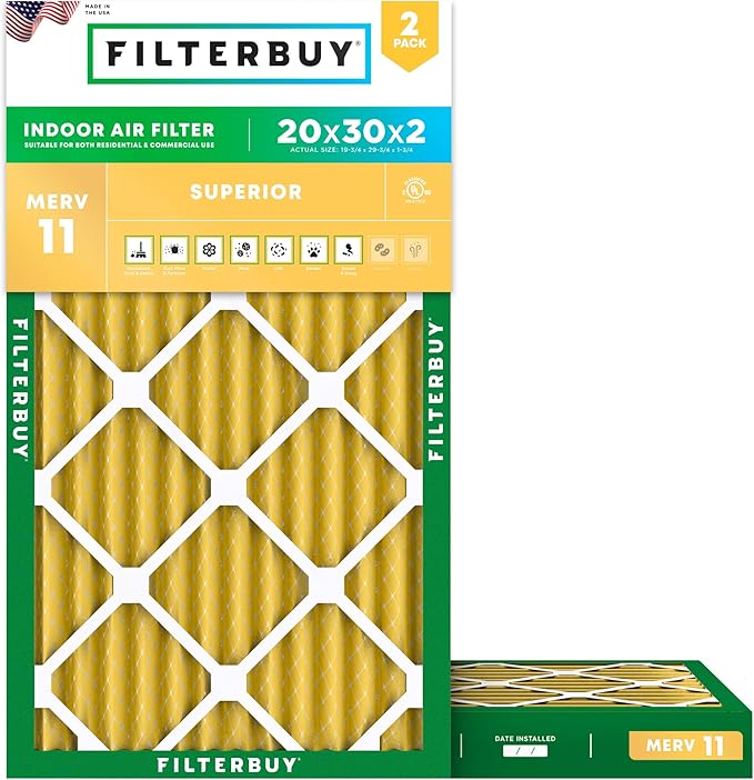 Filterbuy 20x30x2 Air Filter MERV 11 (MPR 1200) Allergen Defense Replacement (2-Pack), Electrostatic Pleated HVAC AC Furnace Filters, Made in USA (Actual Size: 19.75 x 29.75 x 1.75)
