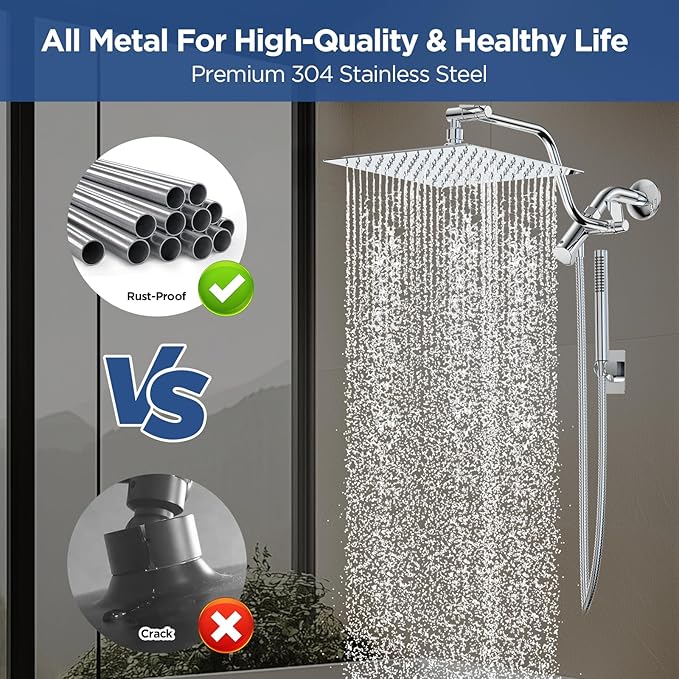 HOPOPRO 10” All Metal Rainfall Shower Head Combo with Handheld Spray, High Pressure Showerhead Combination, Adjustable Dual Showerheads with Extension Arm, Full-Body Coverage Shower Experience, Silver