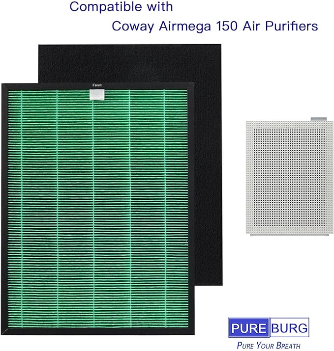 PUREBURG Replacement Filter Set Compatible with Coway Airmega 150 (AP-1019C) & Airmega 160 Air Purifiers, 2-Pack H13 HEPA + 8 x Activated Carbon Pre-Filter Air Clean