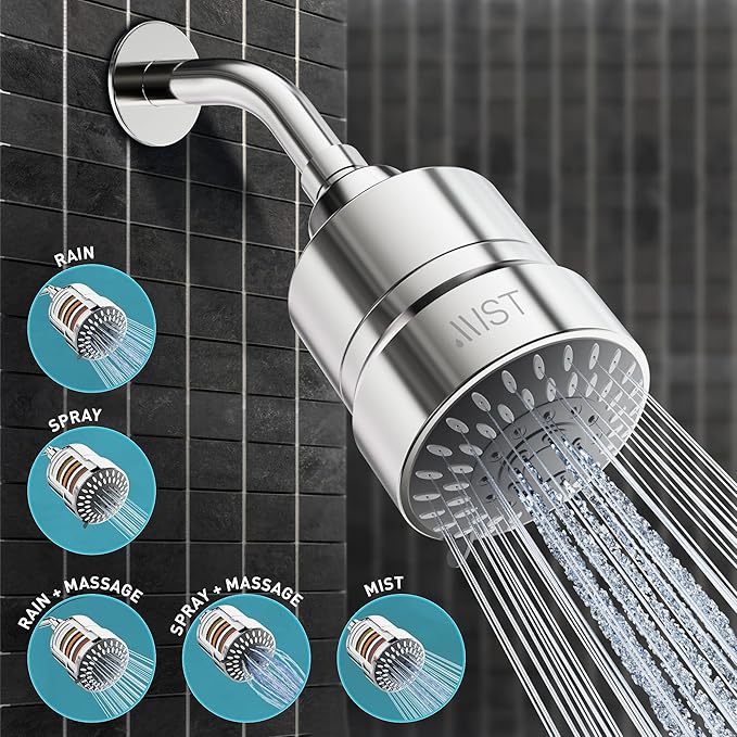 Mist Filtered Shower Head Filter for Hard Water with 5-mode High Pressure Water, Revitalizing 15 Stage Filtration Shower Water Softener Shower Head