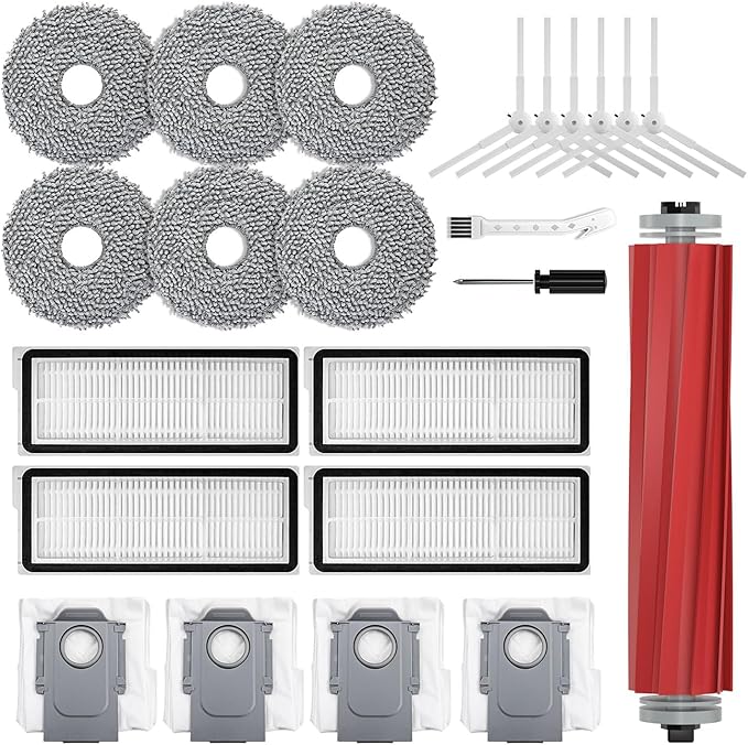 23 Pcs Replacement Accessories for Roborock QRevo MaxV/QRevo Pro/QRevo S/Qrevo Plus Robot Vacuum Cleaner with 1 Mainbrush 4 Filter, 4 Dust Bags 6 Mop Pads 6 Sidebrush 1 Cleaning Brush 1 Screwdriver