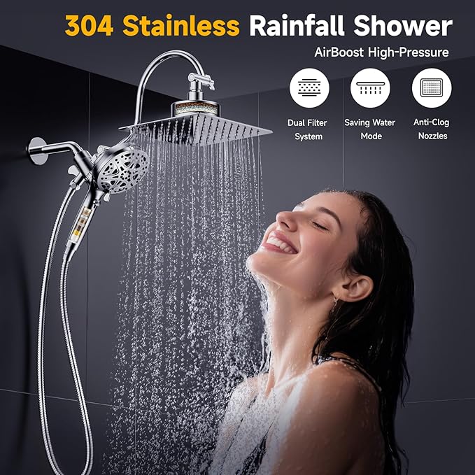 Dual Filtered Shower Head with Magnetic Handheld - 8'' Square Rain Shower Head High Pressure with Handheld Combo, 8+2-Spray Magnetic Detachable Showerhead with Power Jets, Chrome