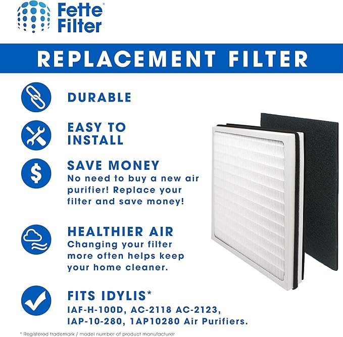 Fette Filter - Air Purifier Filter Compatible with Idylis Air Purifiers Type D. Compatible with IAF-H-100D, AC-2118, IAP-10-280, 1AP10280. Includes 1 HEPA Filter & 1Carbon Filter.