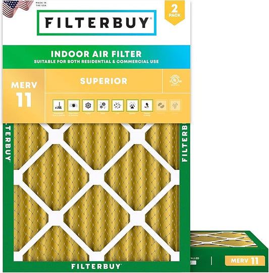 Filterbuy 15x20x2 Air Filter MERV 11 (MPR 1200) Allergen Defense Replacement (2-Pack), Electrostatic Pleated HVAC AC Furnace Filters, Made in USA (Actual Size: 14.50 x 19.50 x 1.75)