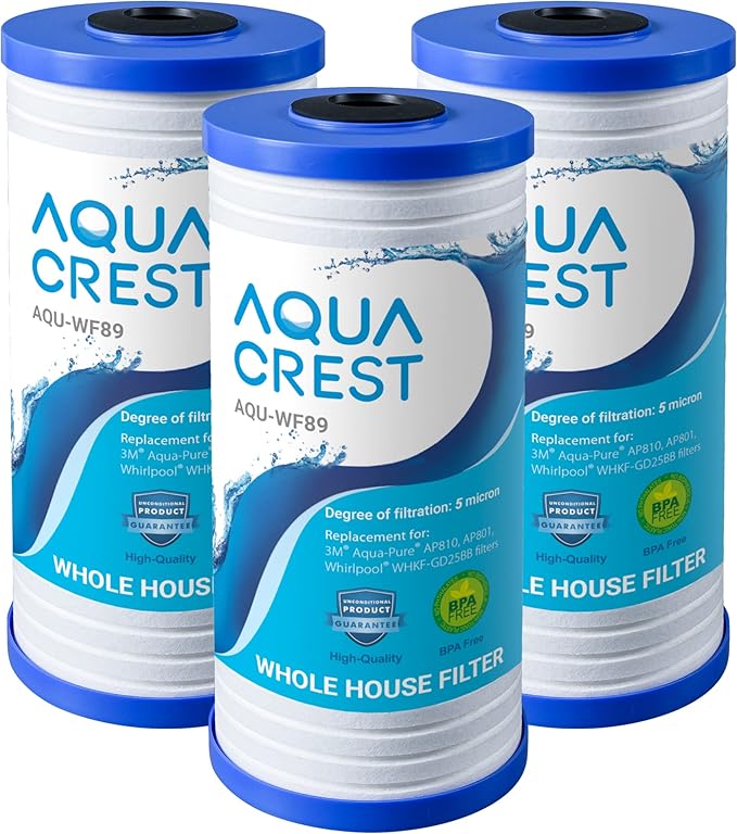 AQUA CREST AP810 Whole House Water Filter Replacement for 3M® Aqua-Pure AP810, AP801, AP811, Whirlpool® WHKF-GD25BB, WHKF-DWHBB, 5 Micron, 10" x 4.5", Well & Tap Water Filter, Pack of 3
