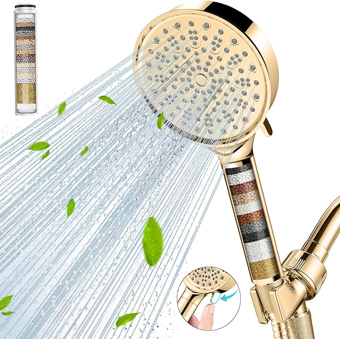Cobbe Filtered Shower Head with Handheld, High Pressure 6 Spray Mode Showerhead with Filters, Water Softener Filters Beads for Hard Water - Remove Chlorine - Reduces Dry Itchy Skin, Egyptian Gold
