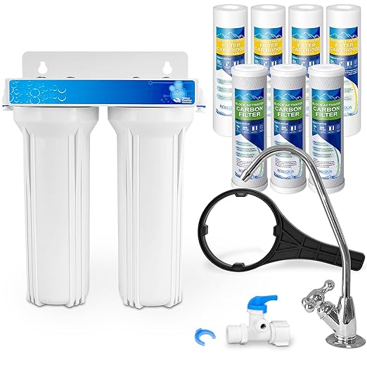 2 Stage Under Sink Drinking Water Filtration System Lead-Free Chrome Faucet Removes Chlorine & Yearly Supply (2 Extra) CTO & (3 Extra) PP Sediment Cartridges 5 Mic, Meets NSF Standards & Regulations